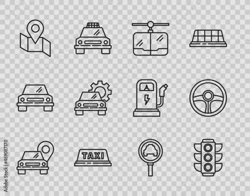 Set line Map pointer with taxi, Traffic light, Cable car, Taxi roof, Folded map location marker, Car service, Magnifying glass and and Steering wheel icon. Vector
