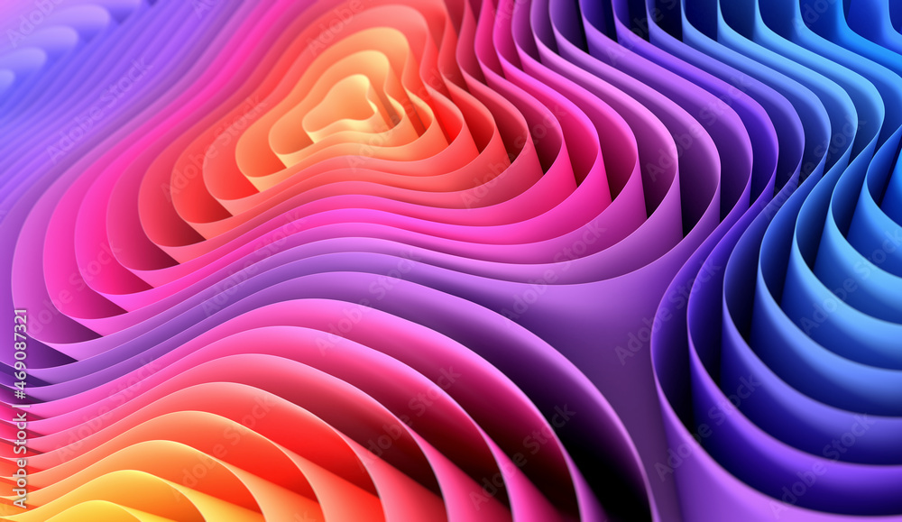 3D render abstract background of smooth lines of spline gradient multicolor waves with dof