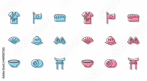 Set line Bowl of hot soup, Sushi, Japanese costume Kimono, Gate, Khinkali cutting board, Paper chinese or japanese folding fan and National flag pole icon. Vector