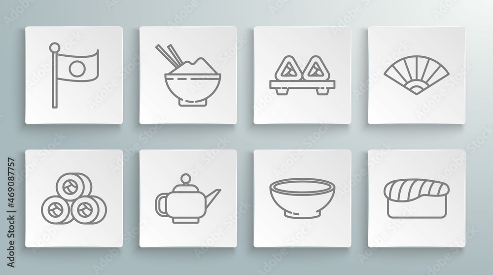 Set line Sushi, Rice in a bowl with chopstick, Japanese tea ceremony, Bowl of hot soup, cutting board, Paper chinese or japanese folding fan and National flag pole icon. Vector Set line Sushi, Rice in a bowl with chopstick, Japanese tea ceremony, Bowl of hot soup, cutting board, Paper chinese or japanese folding fan and National flag pole icon. Vector