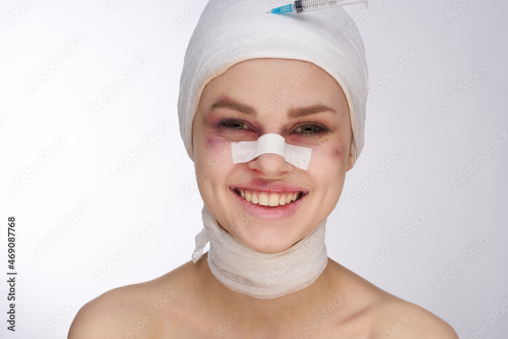 female patient plastic surgery operation bare shoulders light background female patient plastic surgery operation bare shoulders light background