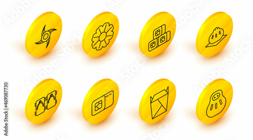 Set line Maneki neko cat, Rstaurant opened take out box filled, Sushi, Geta traditional Japanese shoes, Khinkali cutting board, Flower and ninja shuriken icon. Vector