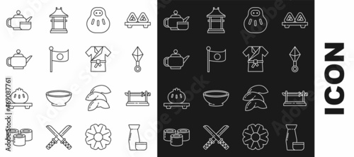 Set line Traditional Japanese tea ceremony, katana, ninja shuriken, Maneki neko cat, National flag of pole, and costume Kimono icon. Vector
