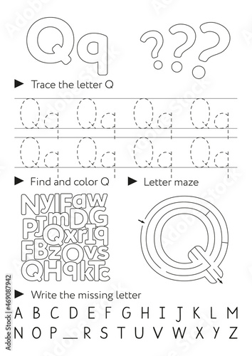 Handwriting workbook for children. Worksheets for learning letters. Activity book for kids. Black and white educational pages for preschool. Letter Q.