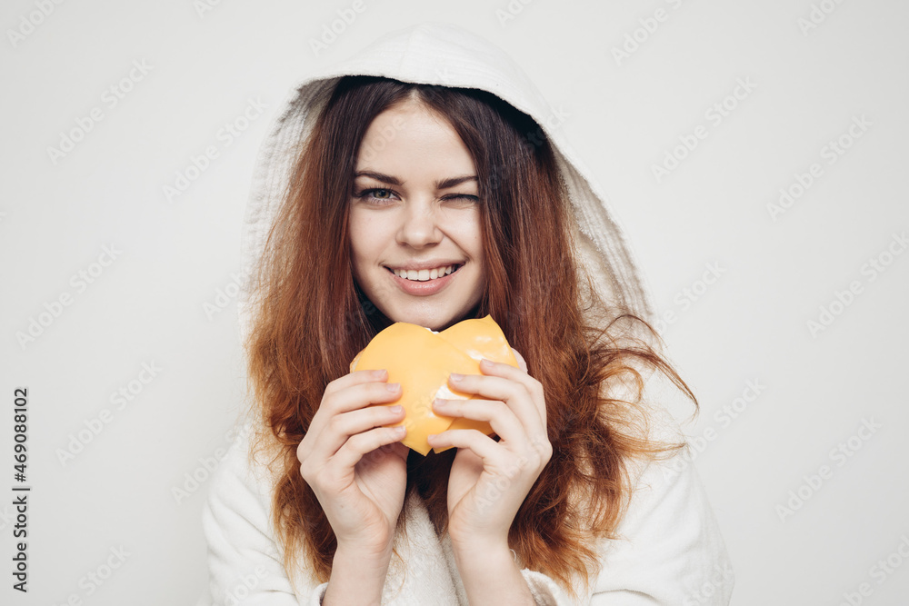 cheerful woman eating sandwich snack fast food cheerful woman eating sandwich snack fast food