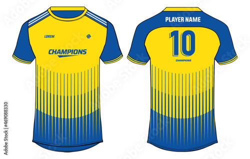 Sports jersey t shirt design concept vector template, Stripe abstract printed Round neck football jersey concept with front and back view for Cricket, soccer, Volleyball and badminton uniform