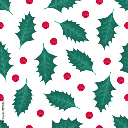 Christmas seamless pattern with berries and holly leaves