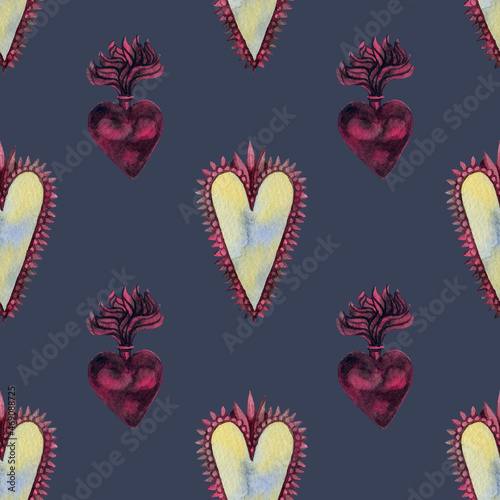 Watercolor seamless pattern in vintage style. Valentine's day. Antique hearts on a gray background. Noble gloomy colors. Wrapping paper, textiles, fabric, paper.