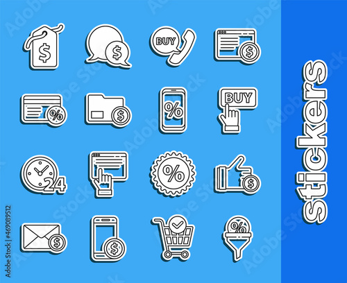 Set line Lead management, Hand holding coin, Buy button, Phone speech bubble with, Envelope dollar, Discount card percent, Price tag and Percent discount mobile icon. Vector