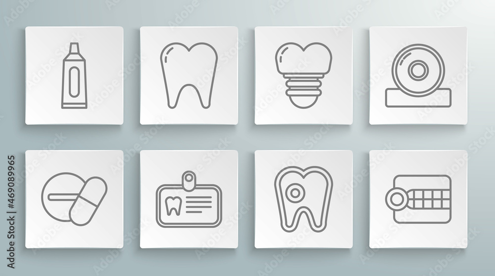 Set line Medicine pill or tablet, Tooth, Id card with tooth, caries, Dentures model, Dental implant, Otolaryngological head reflector and Tube of toothpaste icon. Vector Set line Medicine pill or tablet, Tooth, Id card with tooth, caries, Dentures model, Dental implant, Otolaryngological head reflector and Tube of toothpaste icon. Vector
