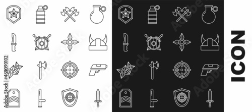 Set line Medieval sword, Pistol gun, Viking in horned helmet, Crossed medieval axes, Wooden shield with crossed swords, Military knife, Police badge and Japanese ninja shuriken icon. Vector