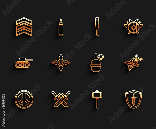 Set line Peace, Crossed medieval sword, Military rank, Battle hammer, Medieval shield with, Japanese ninja shuriken, and Hand grenade icon. Vector