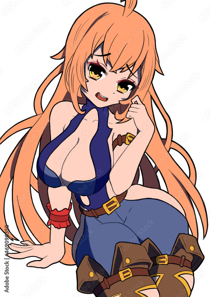 Obraz premium Beautiful anime manga girl with red hair on her denim clothes and high boots sticker 