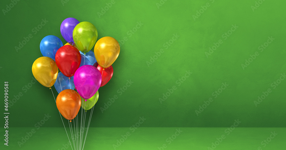 Colorful balloons bunch on a green wall background. Horizontal banner. Colorful balloons bunch on a green wall background. Horizontal banner.
