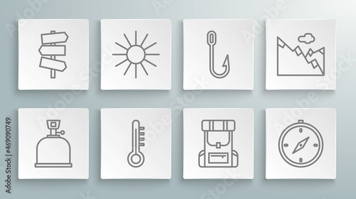 Set line Camping gas stove, Sun, Meteorology thermometer, Hiking backpack, Compass, Fishing hook, Mountains and Road traffic signpost icon. Vector