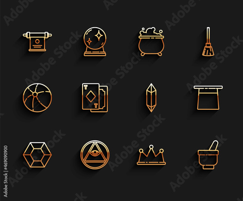 Set line Magic stone, Masons, scroll, Crown, mortar and pestle, Playing cards, Magician hat and icon. Vector