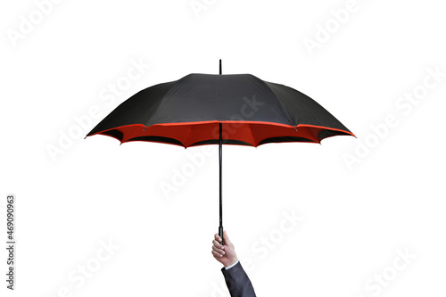 hand holding umbrella on isolated white background