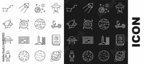 Set line Space capsule and parachute, Book by astronomy, Mars rover, planet, Planet Venus, Satellites orbiting the Earth, Great Bear constellation and icon. Vector