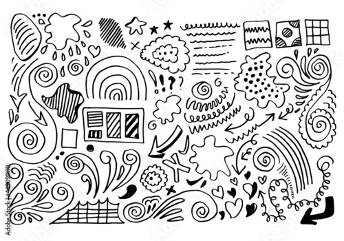 Doodle vector lines and curves.Hand drawn check and arrows signs. Set of simple doodle lines  curves  frames and spots. Collection of pencil effects. Doodle border. Simple doodle set.
