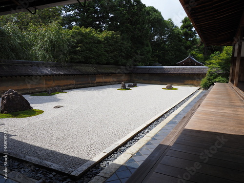 京都のお寺の庭の枯山水と縁側