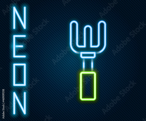 Glowing neon line Garden rake icon isolated on black background. Tool for horticulture, agriculture, farming. Ground cultivator. Housekeeping equipment. Colorful outline concept. Vector