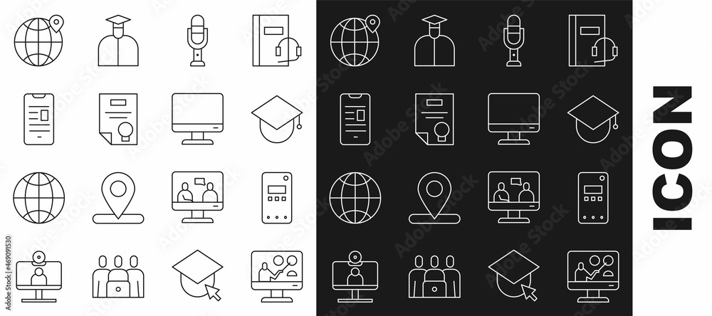 Set line Online education, Mobile phone, Graduation cap globe, Microphone, Certificate template, book mobile, Location the and Computer monitor screen icon. Vector