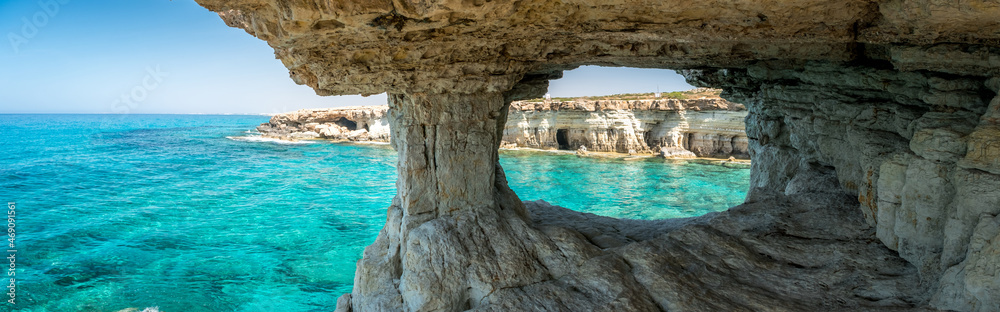 Fototapeta premium Natural landmark of Cyprus. Sea caves in Cape Greko national park near Ayia Napa and Protaras