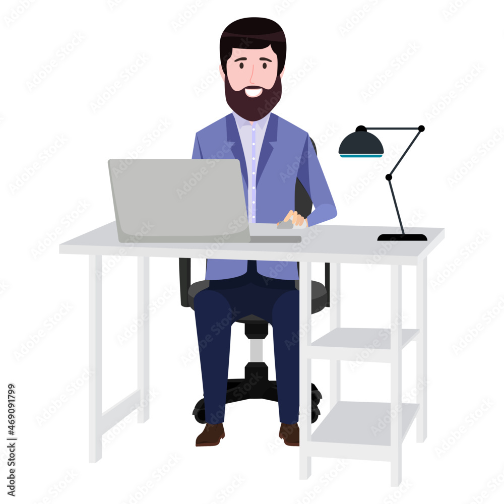 Beautiful businessman freelancer character siting on desk with modern office chair and table table lamp with pc laptop Beautiful businessman freelancer character siting on desk with modern office chair and table table lamp with pc laptop