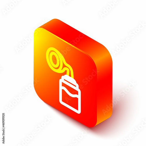 Isometric line Breast pump icon isolated on white background. Orange square button. Vector