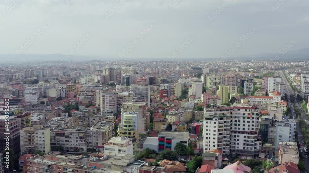 Aerial view Tirana Albania. Cityscape of the capital in the Balkans. Prefabricated houses in a residential area. Aerial view Tirana Albania. Cityscape of the capital in the Balkans. Prefabricated houses in a residential area.