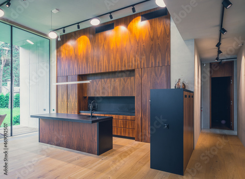 Modern interior of wooden kitchen in luxury private house. Garden view.