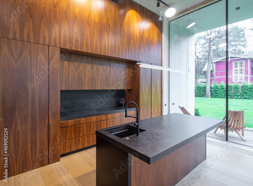 Modern interior of wooden kitchen in luxury private house. Garden view.