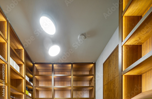 Modern interior of cloakroom in luxury apartment. Wooden shelves.