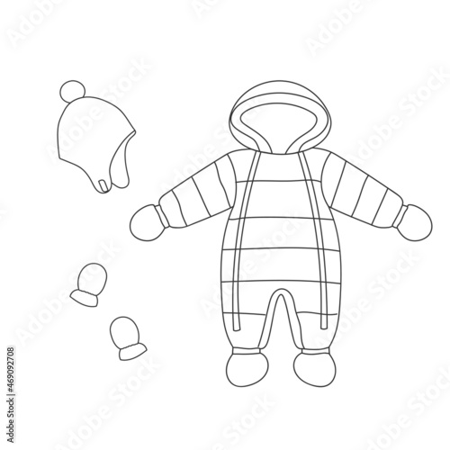 Winter baby overalls, winter hat and mittens. Line art snow suit with hood and accessories. Baby clothing. Isolated vector illustration 
