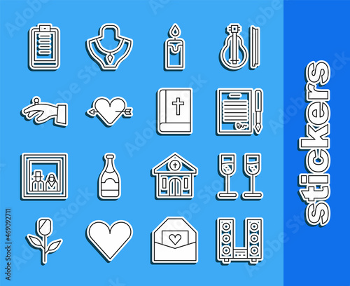 Set line Home stereo with two speakers, Glass of champagne, Marriage contract, Burning candle, Amour heart arrow, Wedding rings hand, Clipboard checklist and Holy bible book icon. Vector