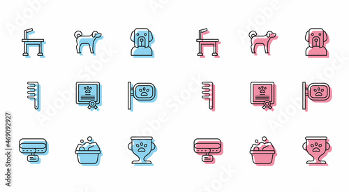 Set line Collar with name tag, Pets bath, grooming table, award, Certificate for dog or cat, Hair brush and and Dog icon. Vector
