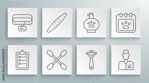 Set line Grooming salon price list, Nail file pet, Cotton swab for ears, Hair brush dog and cat, Veterinarian doctor, Pet shampoo, Calendar grooming and Collar with name tag icon. Vector