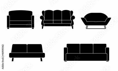 Set of different sofas icons. Collection soft furniture types. Beautiful design elements - classic, retro or modern furniture. Vintage and comfort couch. Isolated vector illustration