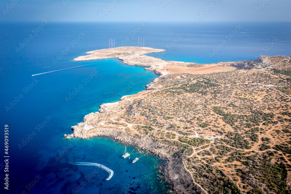 Summer aerial landscape of Bay and Coast at Cape Greco National Park near Ayia Napa, Cyprus. Aerial landscape