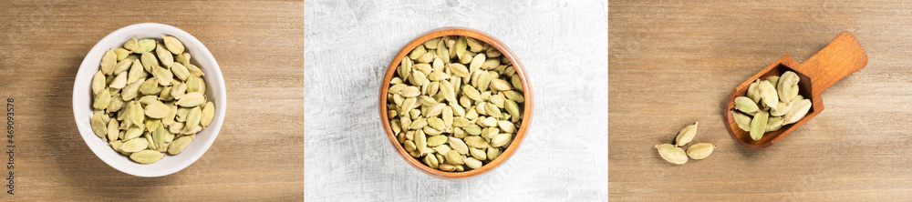 Set of spice green cardamom (Elettaria cardamomum) in wooden scoop, bowl, on white concrete and brown wooden backgrounds. Close up. Flat lay Set of spice green cardamom (Elettaria cardamomum) in wooden scoop, bowl, on white concrete and brown wooden backgrounds. Close up. Flat lay