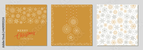 Holidays cards with Christmas motif, snowflakes, gold ornament snow frames and  isolated background. Winter vector set templates