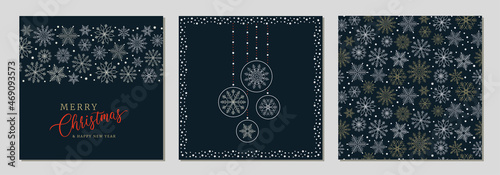 Holidays cards with Christmas motif, snowflakes, gold ornament snow frames and isolated background. Winter vector set templates