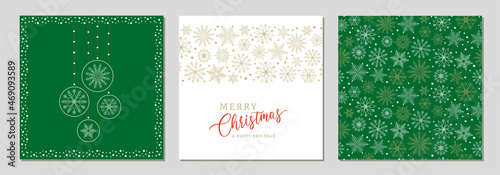 Holidays cards with Christmas motif, snowflakes, gold ornament snow frames and  isolated background. Winter vector set templates