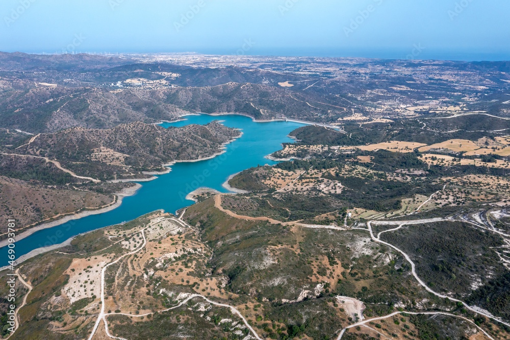 Aerial view of Dipotamos Reservoir. Artificial lake in Cyprus
