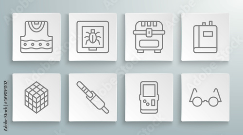 Set line Rubik cube, Insects in a frame, Audio jack, Tetris, Eyeglasses, Antique treasure chest, Book and Waistcoat icon. Vector