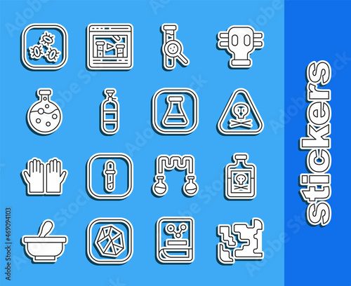 Set line Gaseous, Poison in bottle, Triangle warning toxic, Test tube and flask, Propane gas tank, Bacteria and icon. Vector