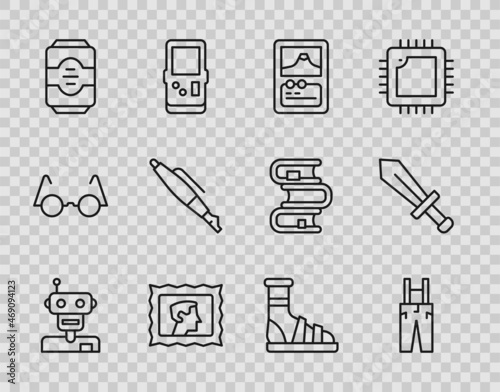 Set line Robot, Pants with suspenders, Card game, Postal stamp, Energy drink, Fountain nib, Slippers socks and Sword for icon. Vector