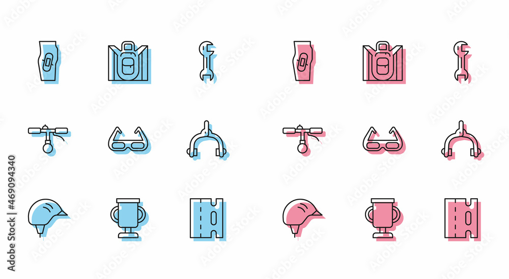 Set line Bicycle helmet, Award cup with bicycle, Plaster on leg, lane, Sport cycling sunglasses, brake calipers, handlebar and Hiking backpack icon. Vector Set line Bicycle helmet, Award cup with bicycle, Plaster on leg, lane, Sport cycling sunglasses, brake calipers, handlebar and Hiking backpack icon. Vector