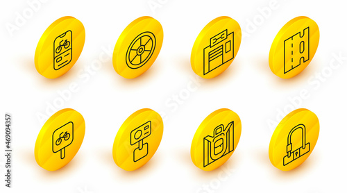 Set line Bicycle lock, Hiking backpack, Action extreme camera, parking, lane, repair service, wheel and rental mobile app icon. Vector