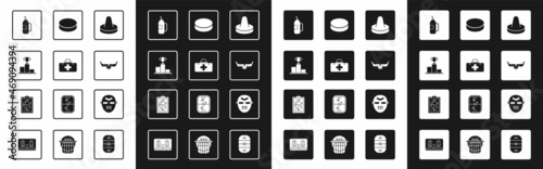 Set Mallet for playing air hockey, First aid kit, Hockey over sports winner podium, Fitness shaker, Ice sticks and puck, mask and Planning strategy icon. Vector